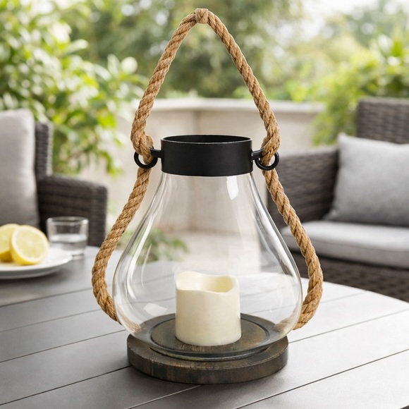 Other - Vintage Style Glass Pedestal Lantern Rope Handle & LED Candle Indoor Outdoor
